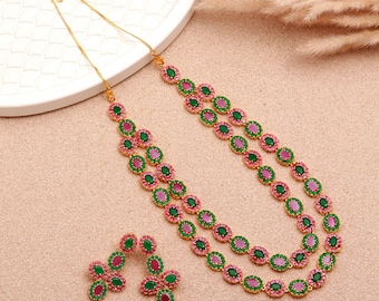 22K Gold Plated 2-Layer Multi Gemstone Flower Necklace Set | Emerald Ruby Bridal Wedding Statement Jewelry | Festive Necklace | Gift For Her