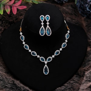 Blue Topaz Pear Shape Necklace Set | 18K White Gold Plated Brass | CZ Diamond Look Bridal Jewelry |Gift For Her