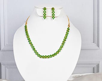 Green Gemstone Necklace and Earrings Set | Gold Plated Marquise Cut Emerald Necklace |Wedding Necklace  | Statement Necklace  | Gift For Her