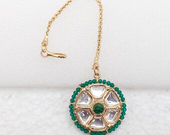 Kundan Maang Tikka Emerald & Polki 22k vergulde Indiase sieraden traditionele Kundan Polki Tikka | Bruidszendspoel | Cadeau voor haar