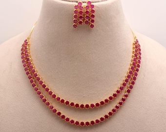 22K Gold Plated Ruby Necklace Set | Double Layer Red Stone Necklace | Indian Bridal Jewelry | Wedding Jewelry Set with Drops |Ethnic Jewelry