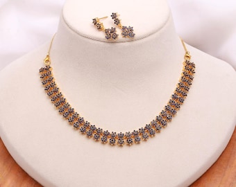 Floral Blue Sapphire Necklace Set with Earrings | 22K Gold Plated South Indian Bridal Wedding Necklace |  Statement Jewelry |Gift for Women