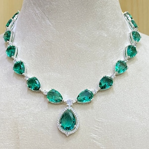 Esteemed Emerald and Diamond Necklace, Statement emerald diamond necklace setin gold & white gold plating, Premium Emerald Pear cut