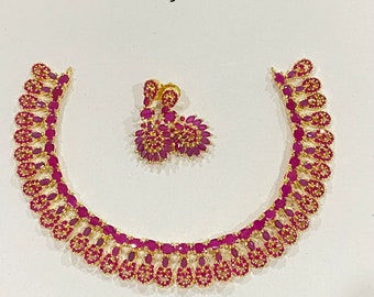 Ruby Necklace, Indian Necklace, South Indian Necklace, Gold Platted Necklace, Handmade Wedding Necklace, Gemstone Necklace