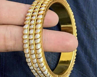 Handmade Pearl Gold Bangle | Traditional Indian Kada Bracelet | Pearl Indian Wedding Jewellery | Gemstone Jewllery