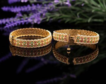 Brazaletes de perlas de rubí chapados en oro / Pulsera tradicional india que se abre, brazaletes de joyería para novias, regalos para festivales