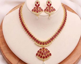 Ruby Swarovski Bridal Necklace Set | Gold Plated Statement Jewelry | Elegant Wedding Necklace | Handmade Red Luxury Gemstone Jewelry
