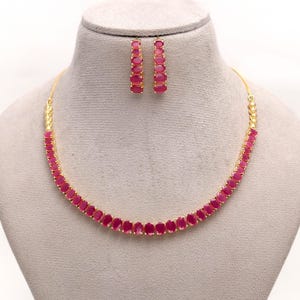 Conjunto de collar de tenis de rubí chapado en oro de 22 quilates / Elegante collar de fiesta / Joyería nupcial / Collar festivo / Regalo para ella
