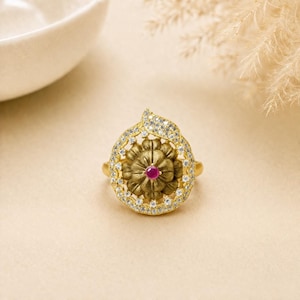 Ruby 22K Gold Plated Kundan Polki Ring | Adjustable Round Ruby Statement Ring | South Indian Bridal Jewelry | Engagement Ring | Gift for Her