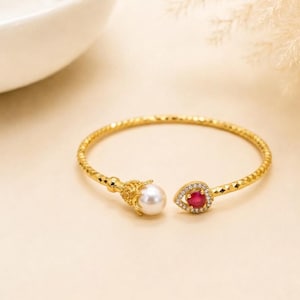 Ruby Pearl CZ Bangle | Gold Plated Bollywood Style Bracelet | Bridal Wedding Statement Bangle | Ethnic Party Wear Jewelry | Gift for Her