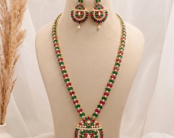 Colar de Rubi, Esmeralda e Pérola do Sul da Índia | Joia de Noiva Banhada a Ouro | Colar Tradicional para Festas | Presente para Mulheres