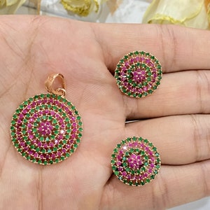 Handmade Ruby Emerald Pendant Earring Set: Gold-Tone Ethnic Jewelry