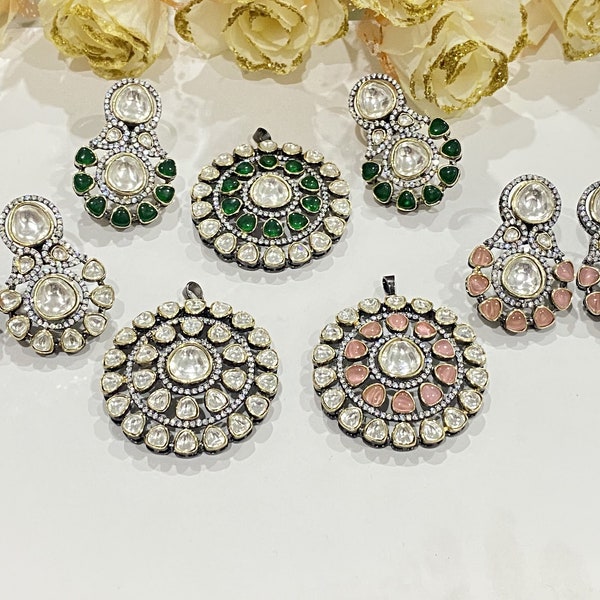 Kundan Pendent necklace , Simulated Emerald, Diamond & Rose quartz , Kundan pendent, Polki pendent, wedding pendent