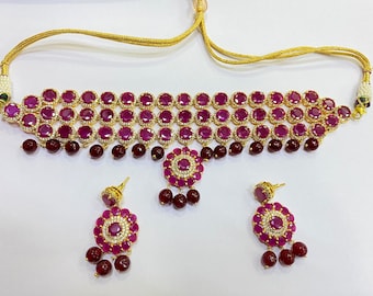 Regal Radiance: Queen Ruby Choker Necklace Set - Exquisite Indian Designer Jewelry for Bridal and Wedding