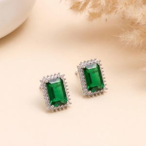 Gemstone Stud Earrings | Blue Sapphire, Ruby, Emerald, Peridot & Rose Quartz Earrings | 14K White Gold Plated Jewelry | Gift for Women