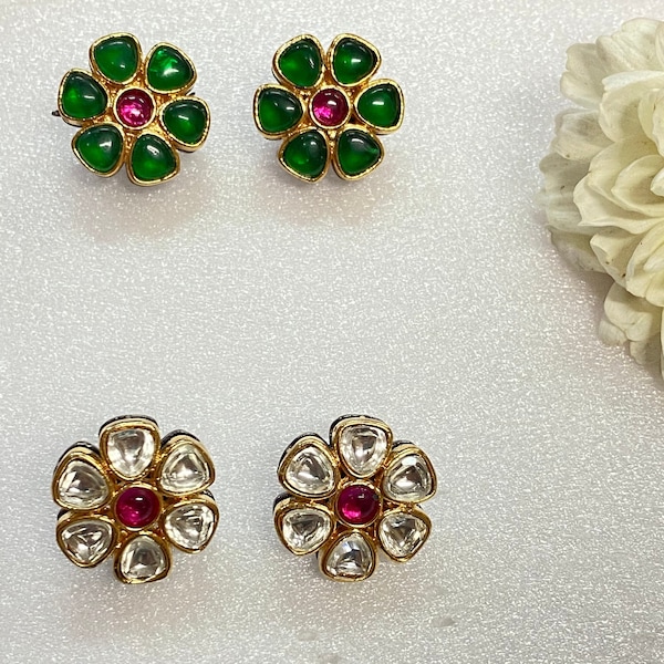 Flower polki studs, Green polki flower studs, Flower Kundan earrings , 22k gold plating earrings, gold black plating, handmade earring
