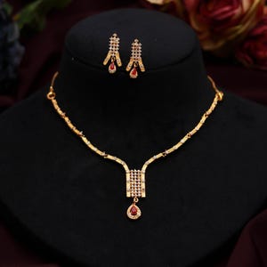 22K Gold Plated Brass Ruby & CZ Gold Necklace Set | Pear Shape Stone Necklace | Traditional Indian Bridal Jewelry |Gift For Her