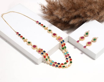 22k Gold Plated Navratan Multicolor Long Necklace Set | Kundan Pearl Necklace & Earring| Traditional Bridal Jewelry | Ethnic Jewelry Set