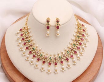 Conjunto de colar de noivado com rubis banhados a ouro | Joias para casamento no sul da Índia | Presente para ela | Colar tradicional | Colar de noivado