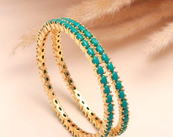 22K Gold Plated Blue Turquoise Pear Shape Bangle | Brass Gemstone Single Line Bangle | South Indian Wedding Jewelry | Bridal Bangle