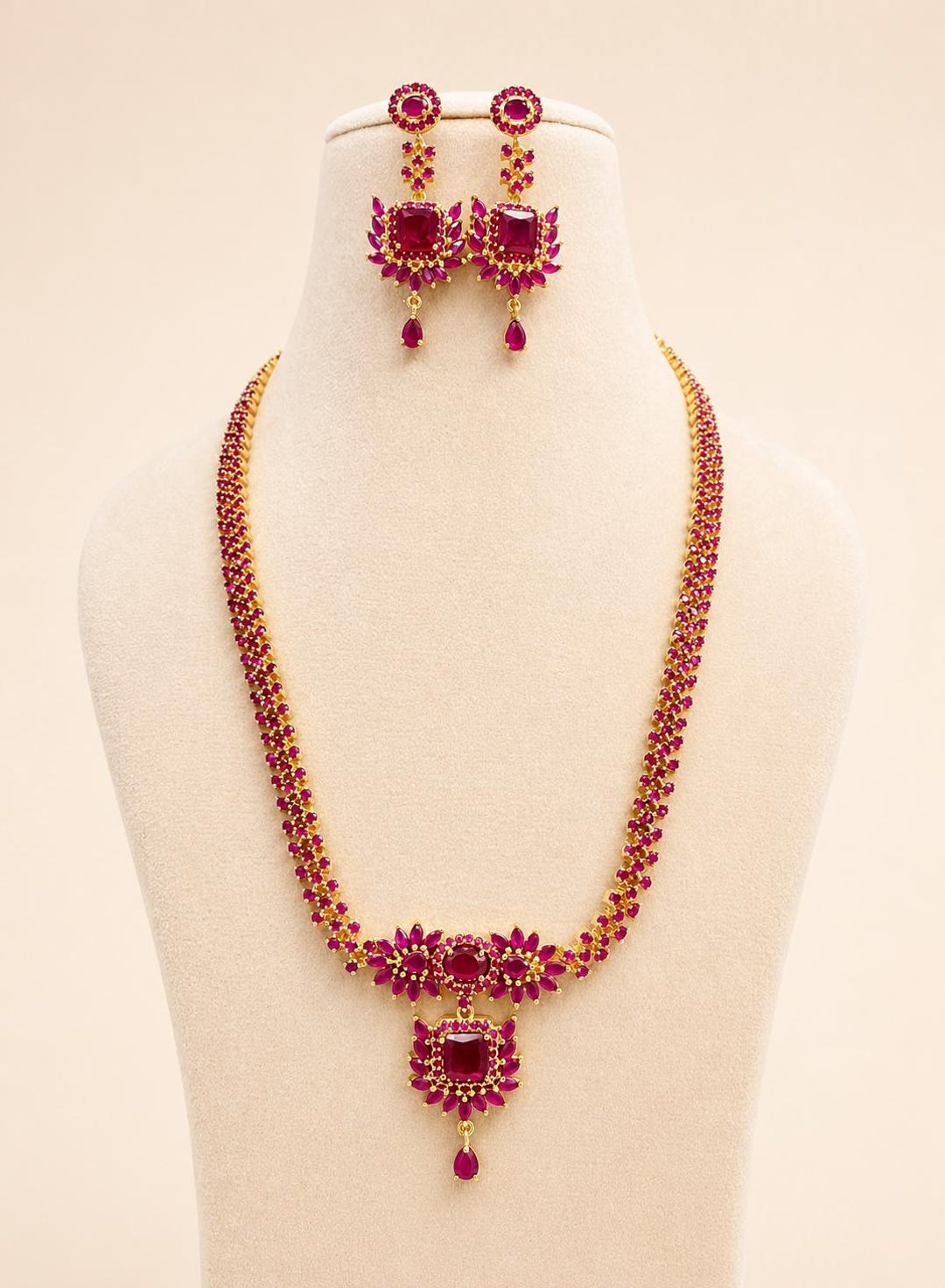 Ruby Long 22k Gold Plated Long Ruby Weeding Necklace Set, South Indian Bride ...