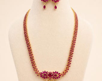 22k Gold Plated Long Ruby Weeding Necklace Set, South Indian Bride Jewelry, Ruby Long Haram