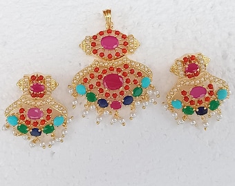 Gold Plated Ruby Turquoise Pendant Necklace & Earrings | Bollywood Style Bridal Wedding Jewelry | Indian Statement Necklace | Gift for Her
