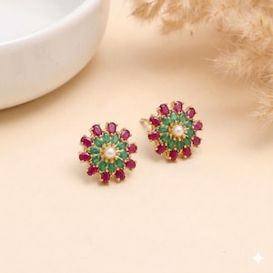 Handcrafted Ruby Green Floral Stud Earrings | Gold-Plated Jewelry | Festive Statement Ear Studs