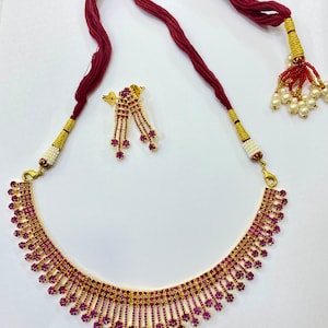Handmade Ruby & Emerald Necklace Set: 22k Gold Plated Indian Jewelry