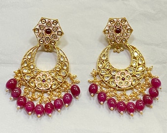 Kundan Earrings: 22k Gold Plated Polki, Ruby Drops, Indian Jewelry
