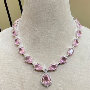 Morganite Necklace: White Gold Plated Pink Cubic Zirconia