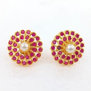 Boucles d'oreilles clous d'oreilles en perles rubis femme Art déco clous d'oreilles plaqué or Bijoux de mariage Forme ronde Cadeau d'anniversaire, Cadeaux pour elle
