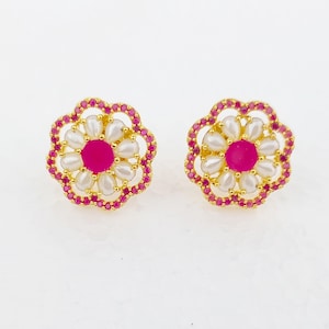 Boucles d'oreilles clous d'oreilles en perles rubis femme Art déco clous d'oreilles plaqué or Bijoux de mariage Forme ronde Cadeau d'anniversaire, Cadeaux pour elle