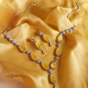 Yellow Sapphire Necklace Set | 18K White Gold Plated Jewelry | Teardrop Yellow Sapphire & Cubic Zirconia Bridal Necklace with Earrings