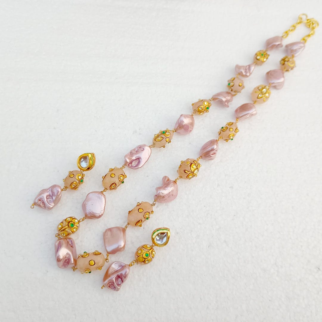Pink Baroque Pearl Necklace With Enamel Floral Beads, Handmade Gold ...