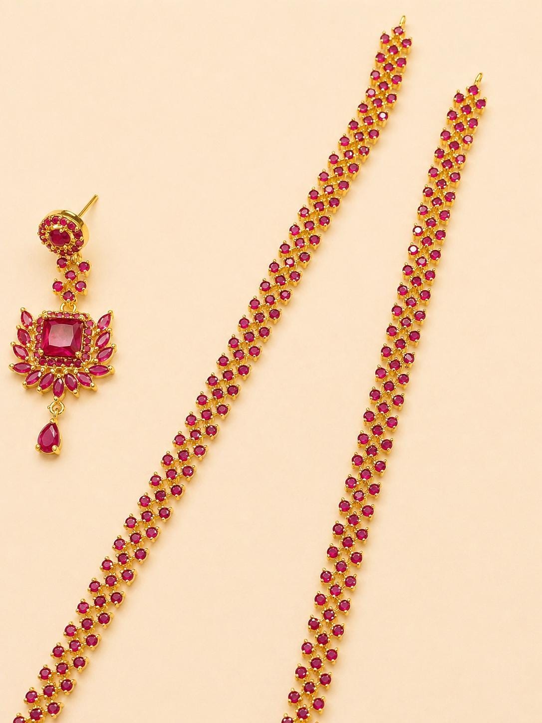 Ruby Long 22k Gold Plated Long Ruby Weeding Necklace Set, South Indian Bride ...