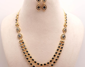 22K Gold Plated Black Onyx Necklace Set Jewelry |Teardrop Onyx Pendant Necklace with Matching Earrings | Wedding Jewelry Statement