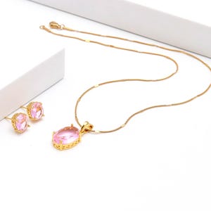 Oval 22K Gold Plated Pink Topaz Pendant Set | Halo Gemstone Jewelry | Everyday Pendant | Reception Necklace | Gift for Her