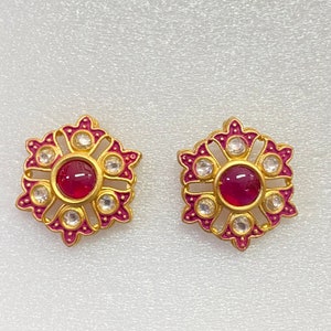Gold Ruby Polki Stud Earrings: Kundan Meena Traditional Jewelry