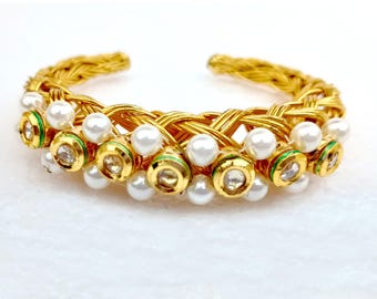 Pearl Gemstone Bangle | 22k Gold Plated Indian Bollywood Bracelet | Pear Cuff Bracelet | Bridal Wedding Jewellery | Gift For Her