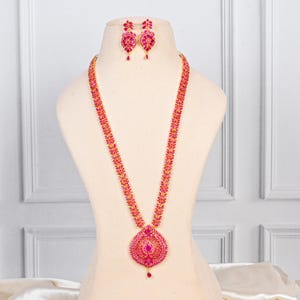Handmade Wedding Ruby Long Necklace: 22k Gold Plated South Indian Gemstone Haaram with Earrings