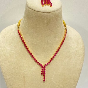 Gleaming Gemstone Ruby and Emerald Tennis Necklace Set with Earrings, Gold Plated necklace, South Indian wedding necklace, Ruby Necklace