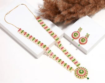 22k Gold Plated Pink Green Indian Long Necklace Set | Kundan Pearl Necklace & Earrings | Traditional Bridal Jewelry | Ethnic Jewelry Set