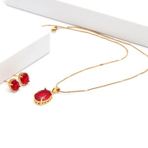22K Gold Plated Garnet Pendant Set | Red Oval Gemstone Halo Pendant | Pendant with Earrings | Bridal Party Wear Jewelry | Gift for Women
