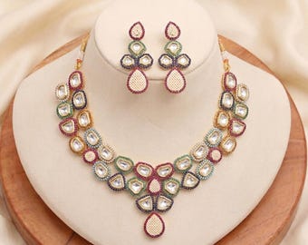 Multicolor Kundan Necklace Set | Gold Plated Polki Choker |Bridal Wedding Jewelry | Traditional Ethnic Statement Necklace Set |Gift For Her