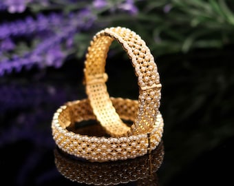 Gemstone Pearl Gold Plated Indian Bangle set, Ethnic Wedding Bangles Kada Jewelry, Gold Bangles
