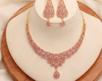 Colar artesanal banhado a ouro 22K com rubis | Conjunto de joias tradicionais indianas para noivas | Presente para ela