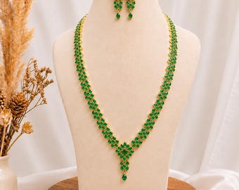 22K Gold Emerald Necklace Set | Handmade Indian Bridal Jewelry | Green Gold Necklace with Earrings | Traditional Temple Design Necklace
