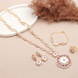 Ruby White Pearl Necklace, Bracelet, Adjustable Ring & Earrings| Bridal Jewelry Set | Traditional Indian Wedding Combo Set | Gift for Women