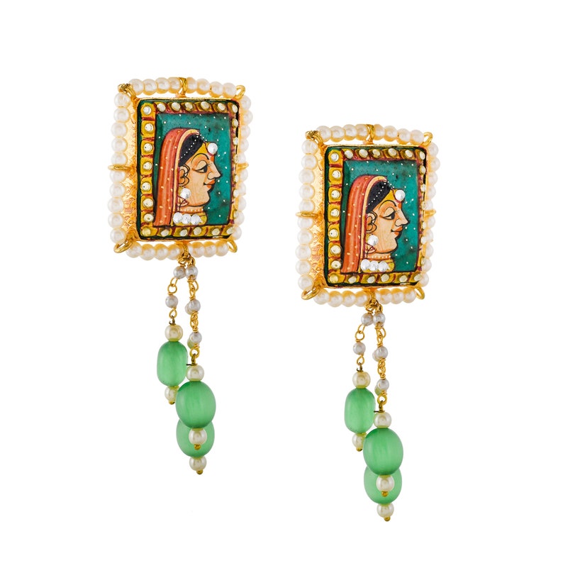 Hand painted green onyx necklace set Traditionally hand painted of lord Radha Krishna necklace